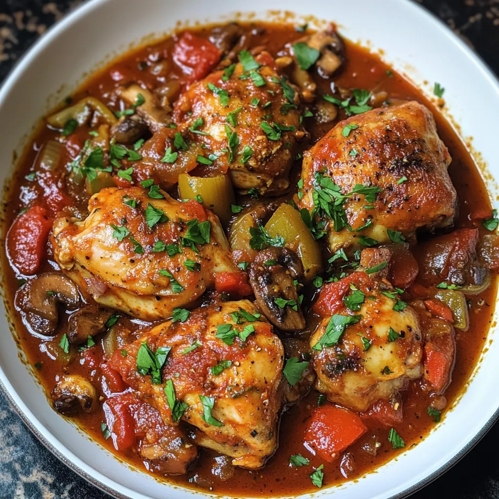 A bowl of chicken and vegetables, including mushrooms, onions, and peppers, is served in a brown sauce.