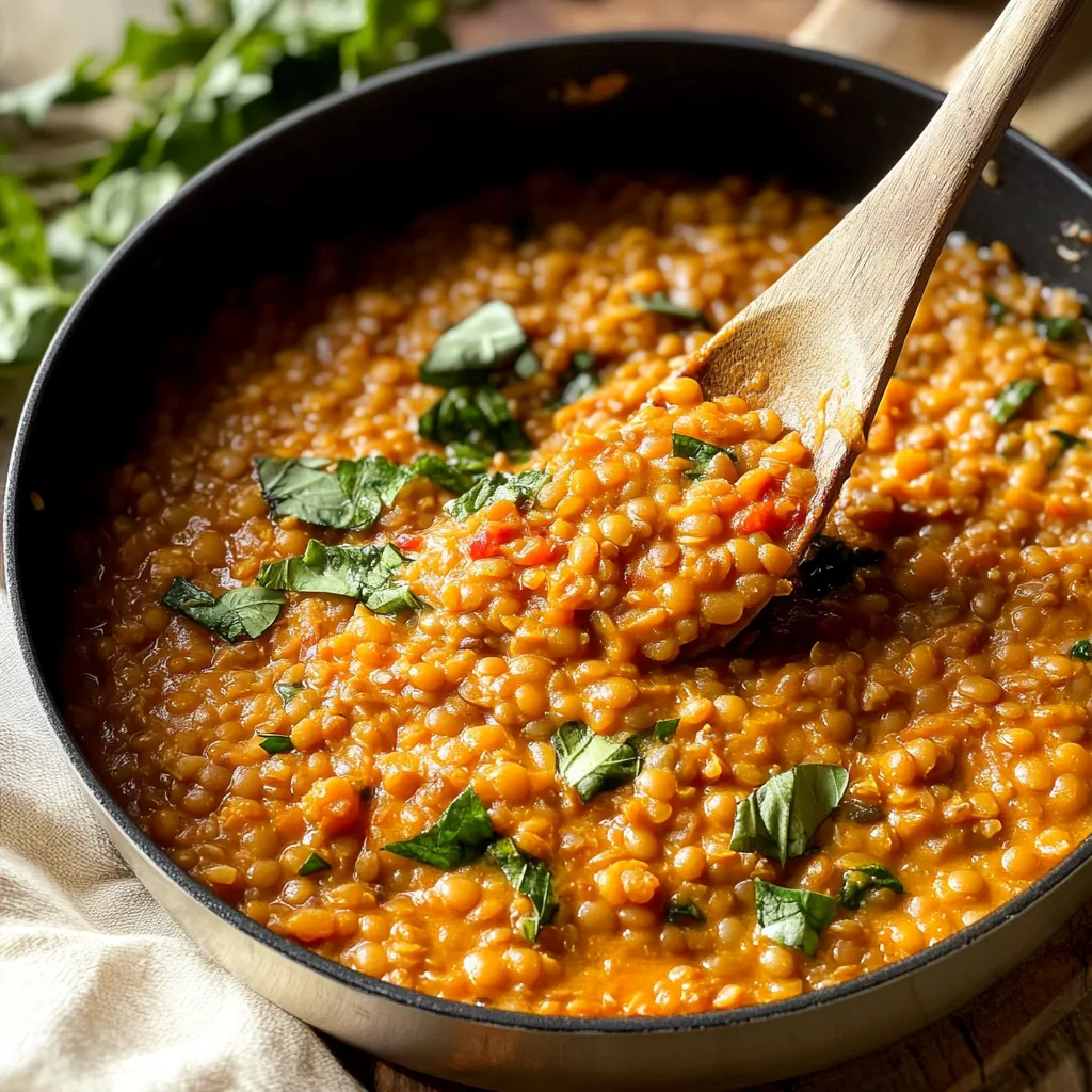 A bowl of soup with a spoon in it.