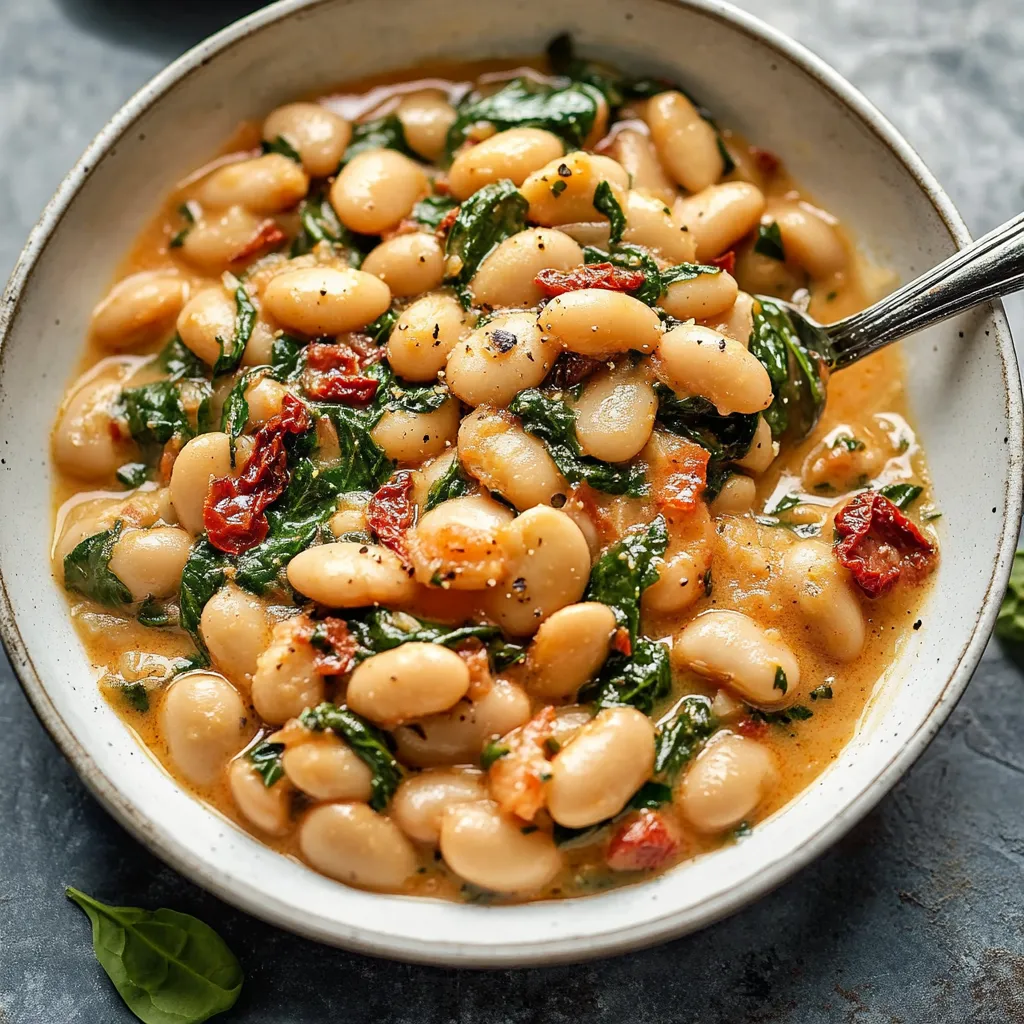 A bowl of beans with greens and tomatoes, ready to be eaten.