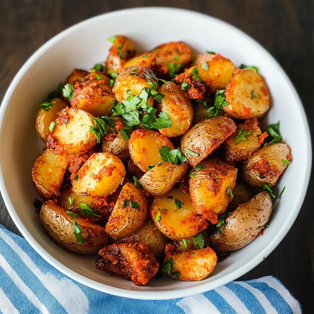 A bowl of potatoes with herbs and spices.