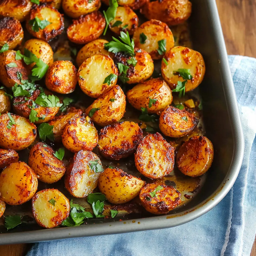 A pan of potatoes with herbs and spices, ready to be cooked.