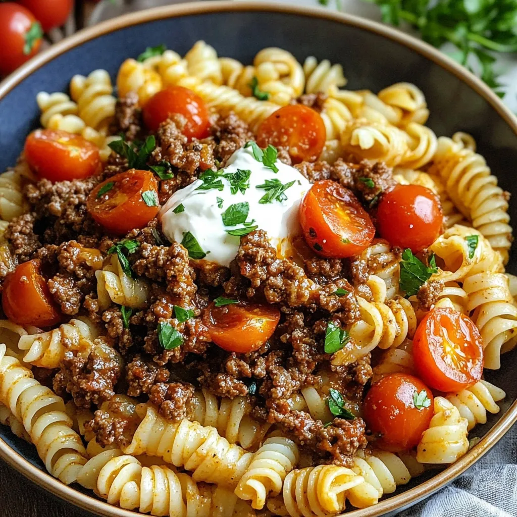 A bowl of pasta with tomatoes and meat on top.