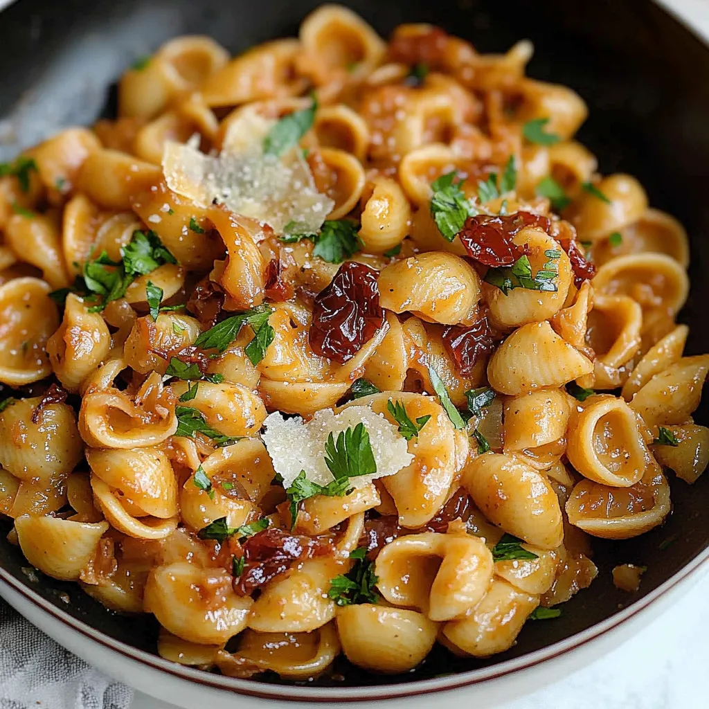 A bowl of pasta with cheese and herbs.