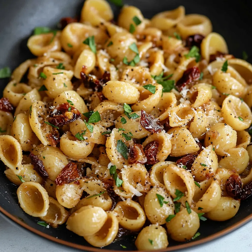 A bowl of pasta with cheese and herbs.