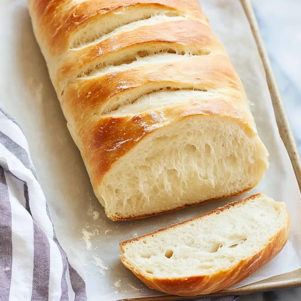 A loaf of bread is cut into slices and placed on a tray.