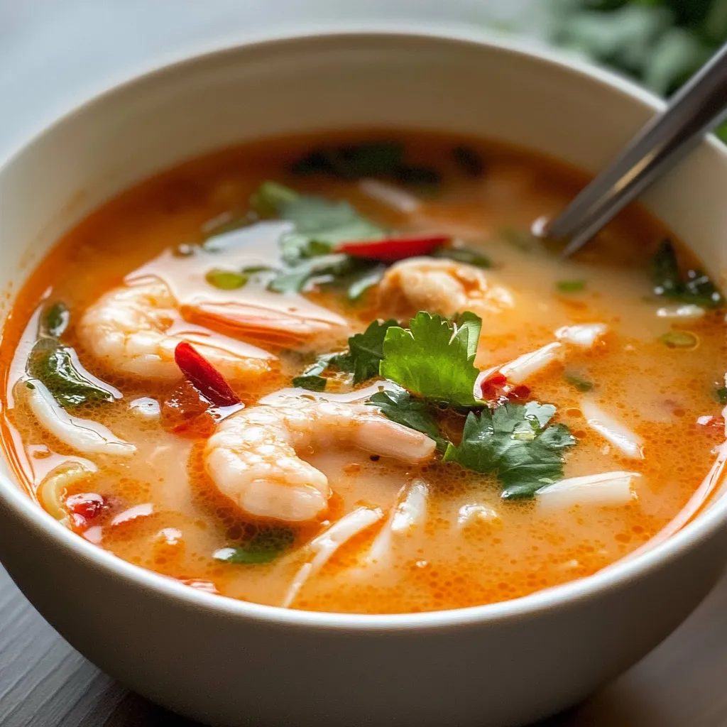 A bowl of soup with shrimp and vegetables.