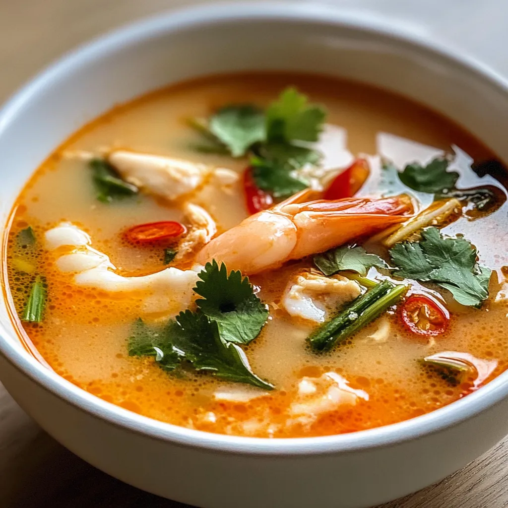 A bowl of soup with shrimp and vegetables.