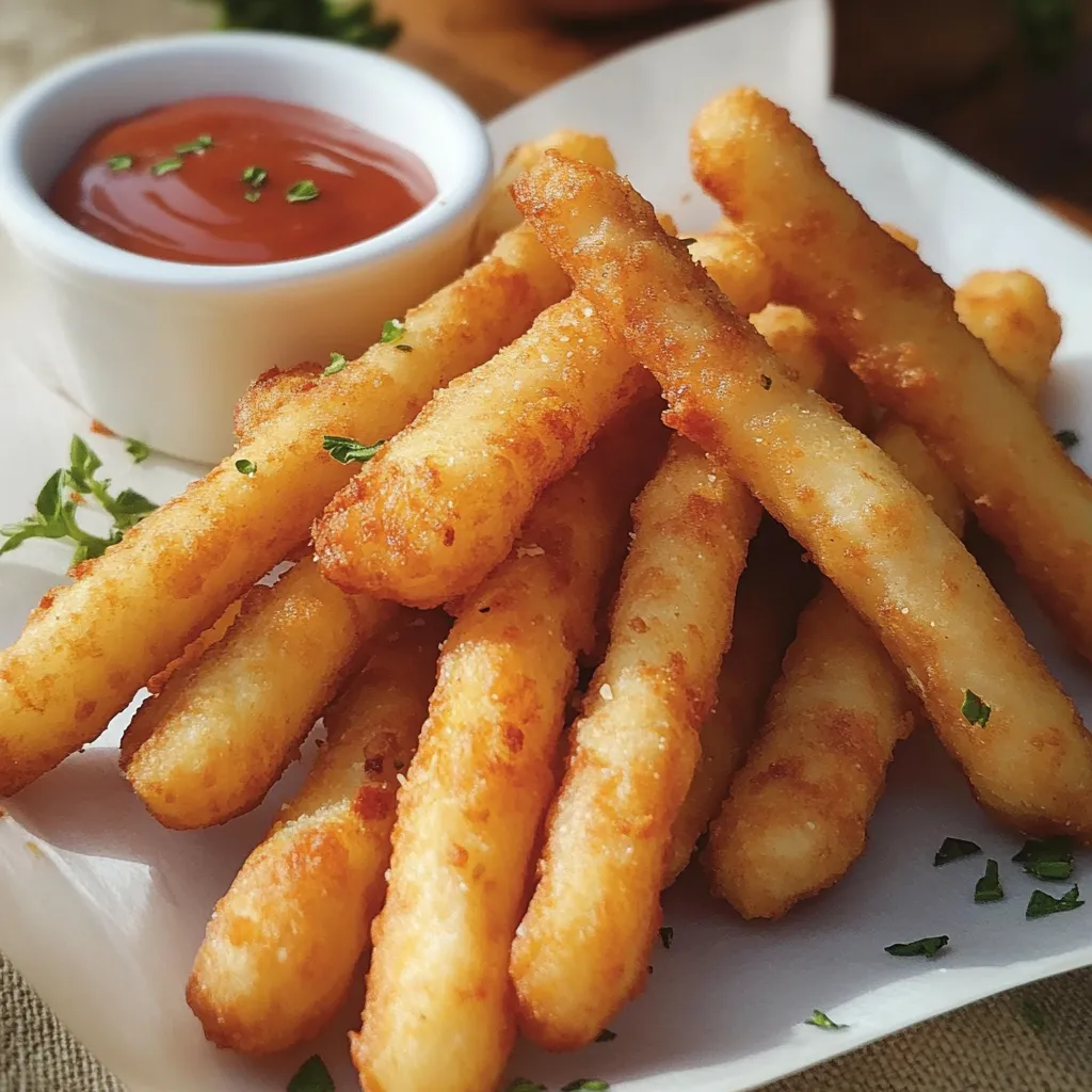 A plate of french fries with a dipping sauce.