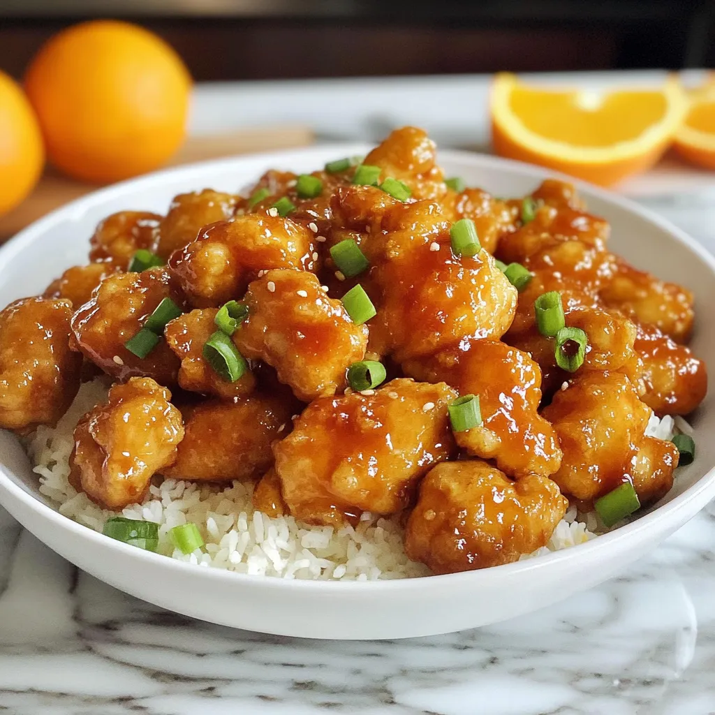 A bowl of chicken and rice with a side of orange slices.