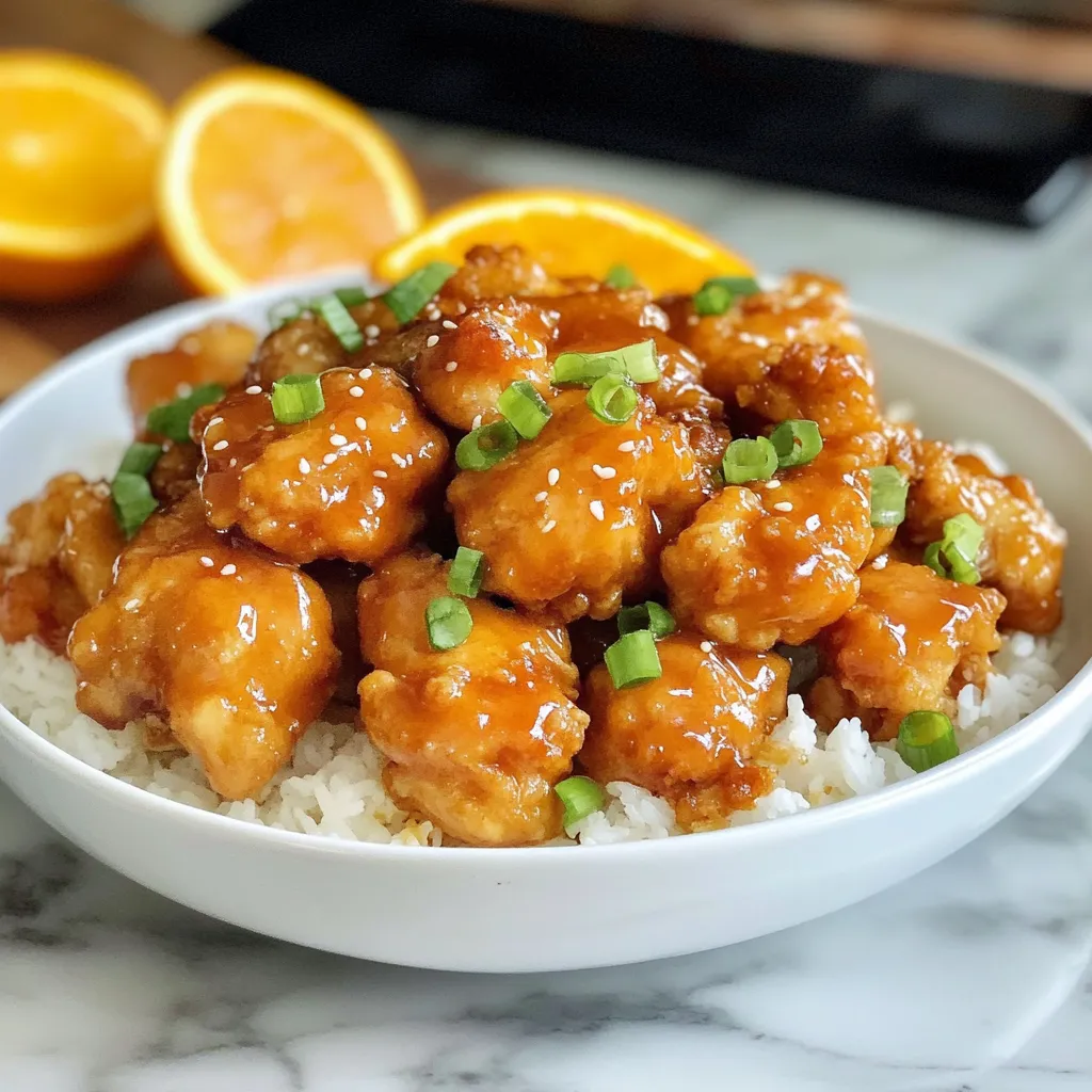 A bowl of chicken and rice with a slice of orange on the side.