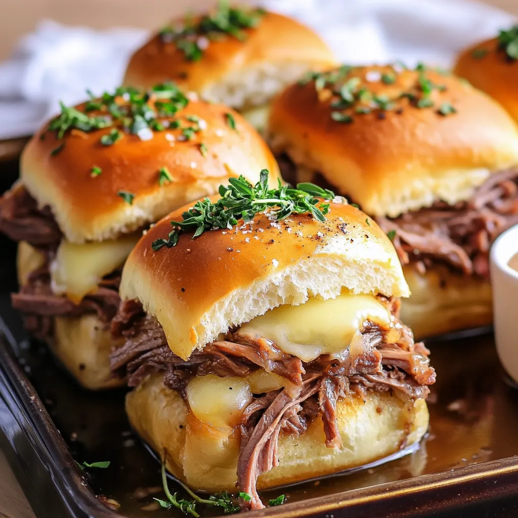 A plate of meat sandwiches with cheese and herbs.