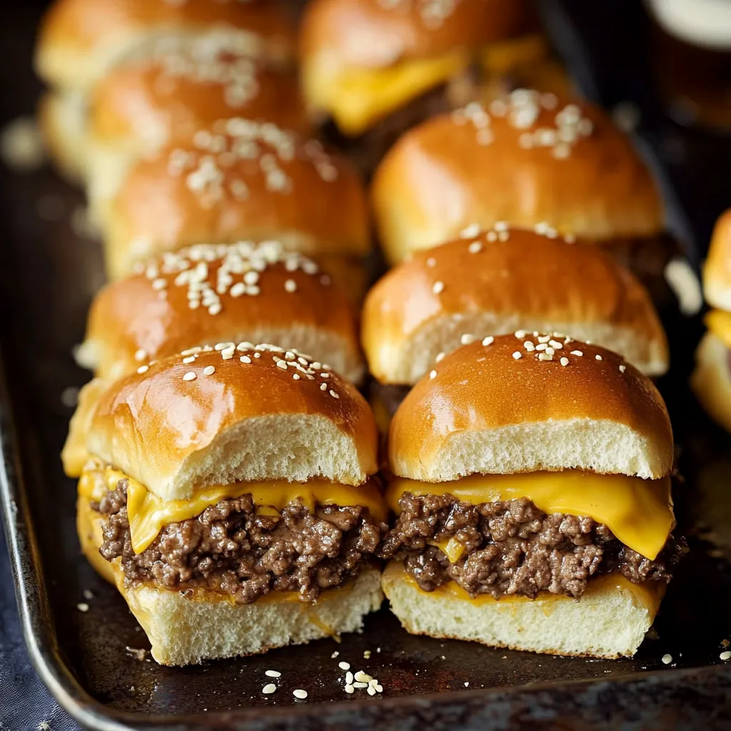 A tray of hamburger buns with cheese and sesame seeds on top.