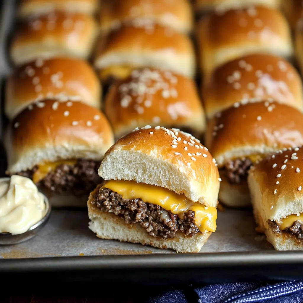 A tray of hamburger buns with meat inside and a bowl of sauce.