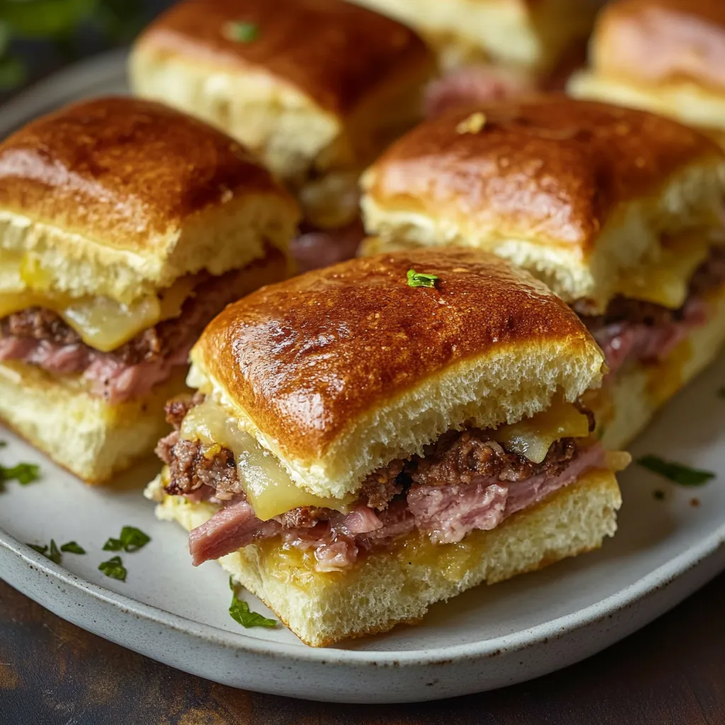 A plate of sandwiches with meat and cheese on a table.