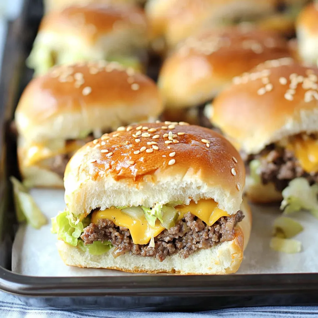 A tray of hamburger buns with meat and cheese inside.