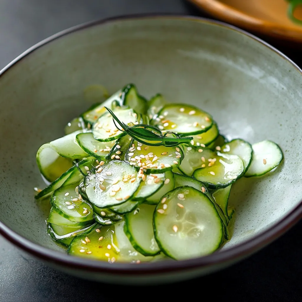 A bowl of sliced cucumbers with sesame seeds on a table.