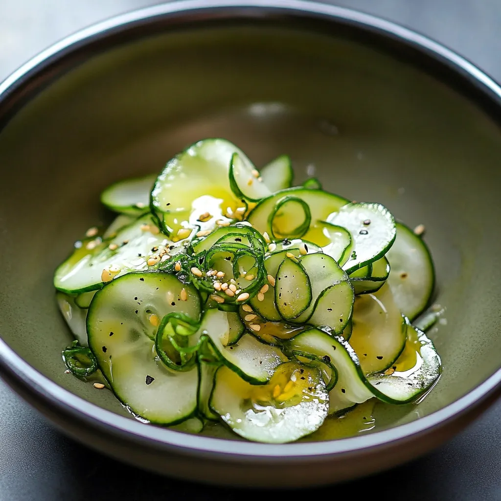 A bowl of cucumber salad with sesame seeds and a drizzle of oil.