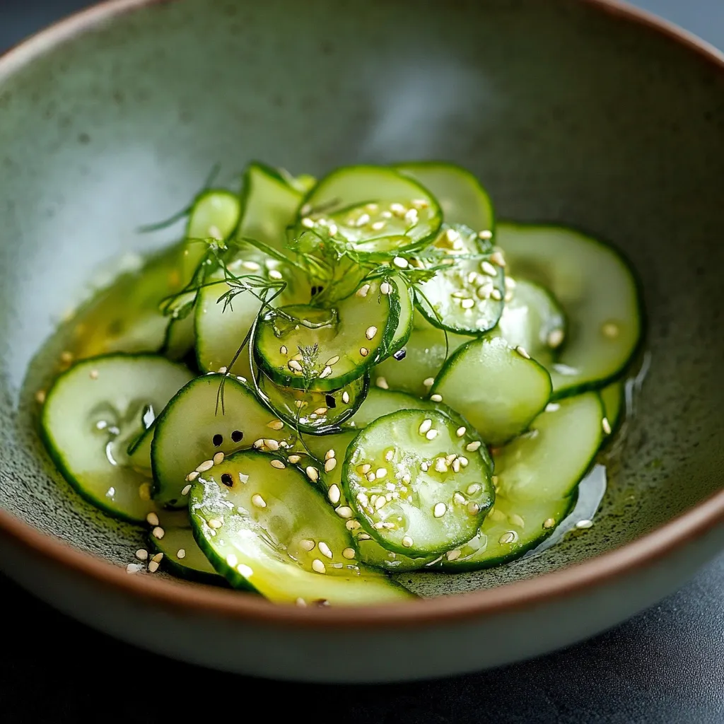 A bowl of cucumber slices with sesame seeds on top.