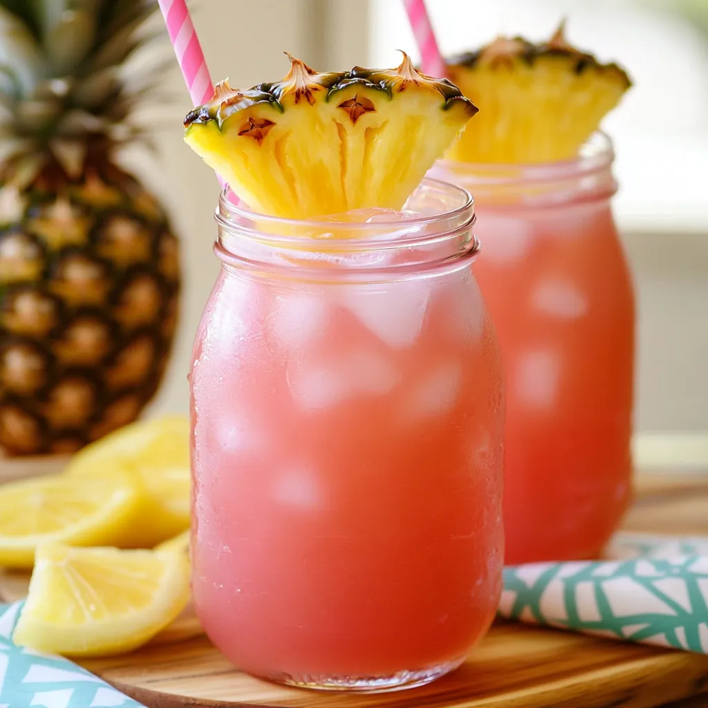 Two glasses of pink lemonade with pineapple slices in them.