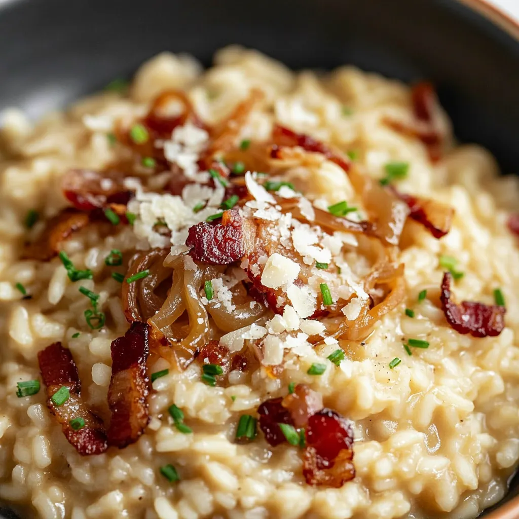 A bowl of rice with bacon and cheese on top.