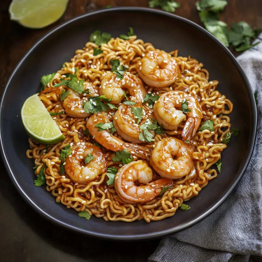 A bowl of shrimp and noodles.