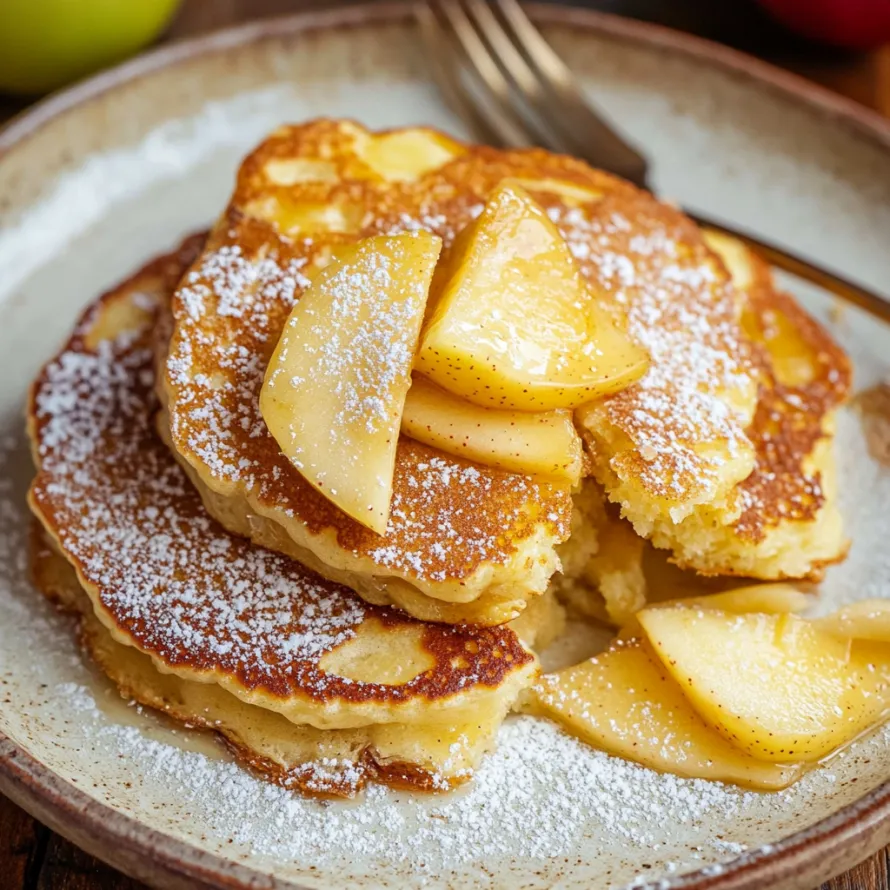 A plate of pancakes with apple slices on top.