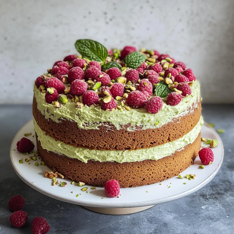 A cake with raspberries and mint on top.