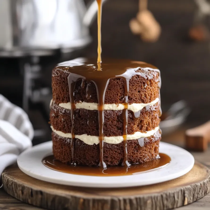 A three layer cake with caramel drizzle.