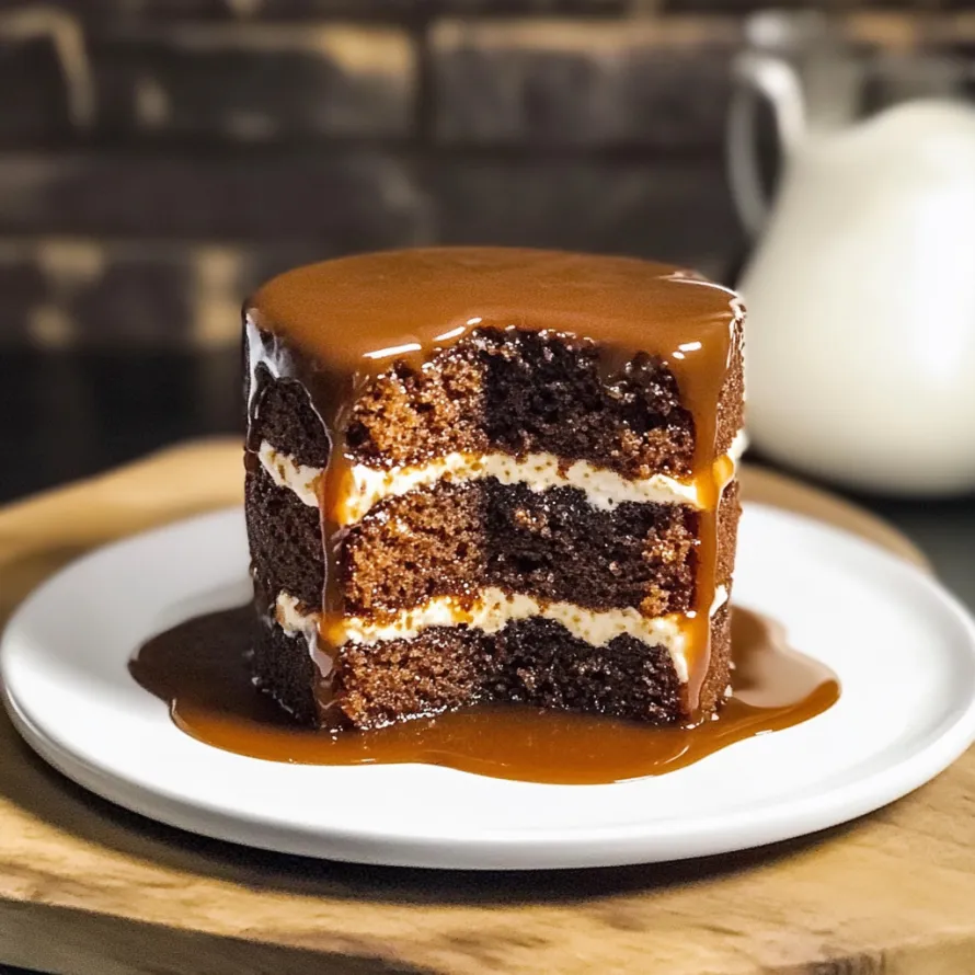 A slice of chocolate cake with caramel sauce drizzled on top.