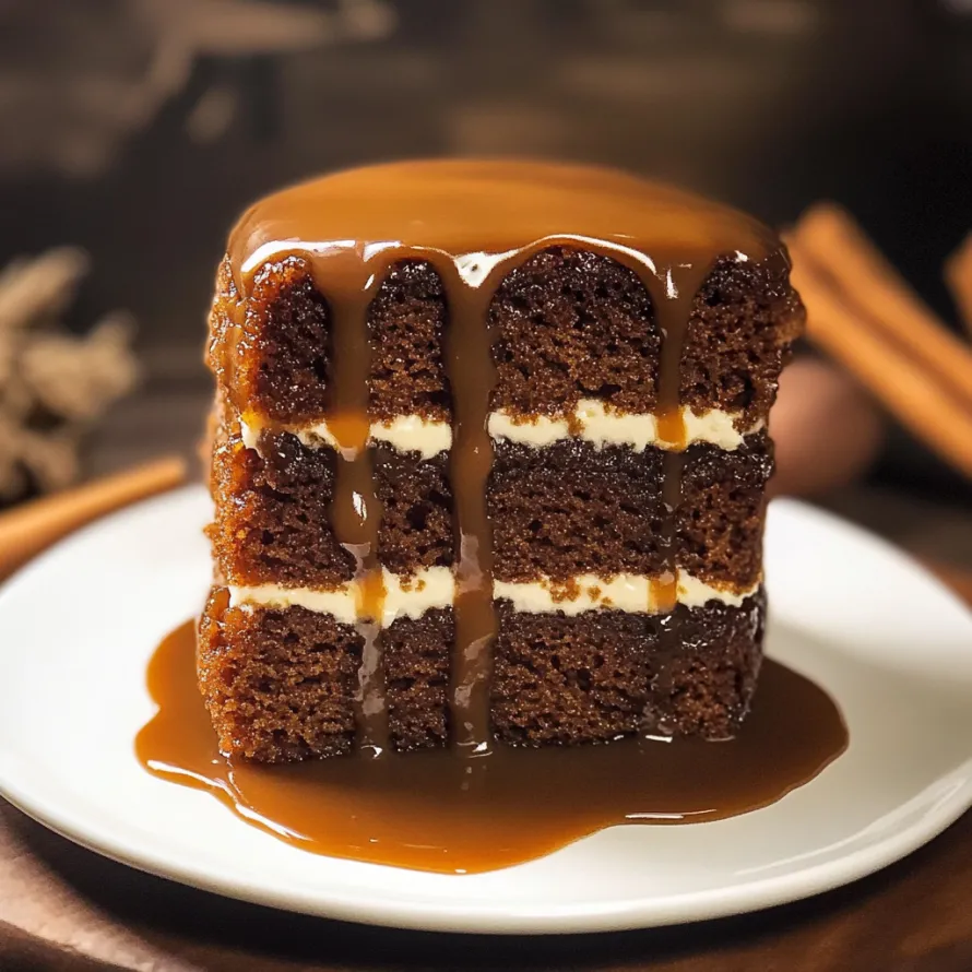 A slice of cake with caramel drizzled on top.
