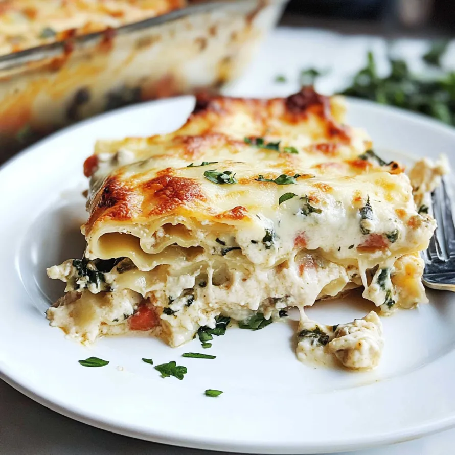 A white plate with a slice of lasagna on it.