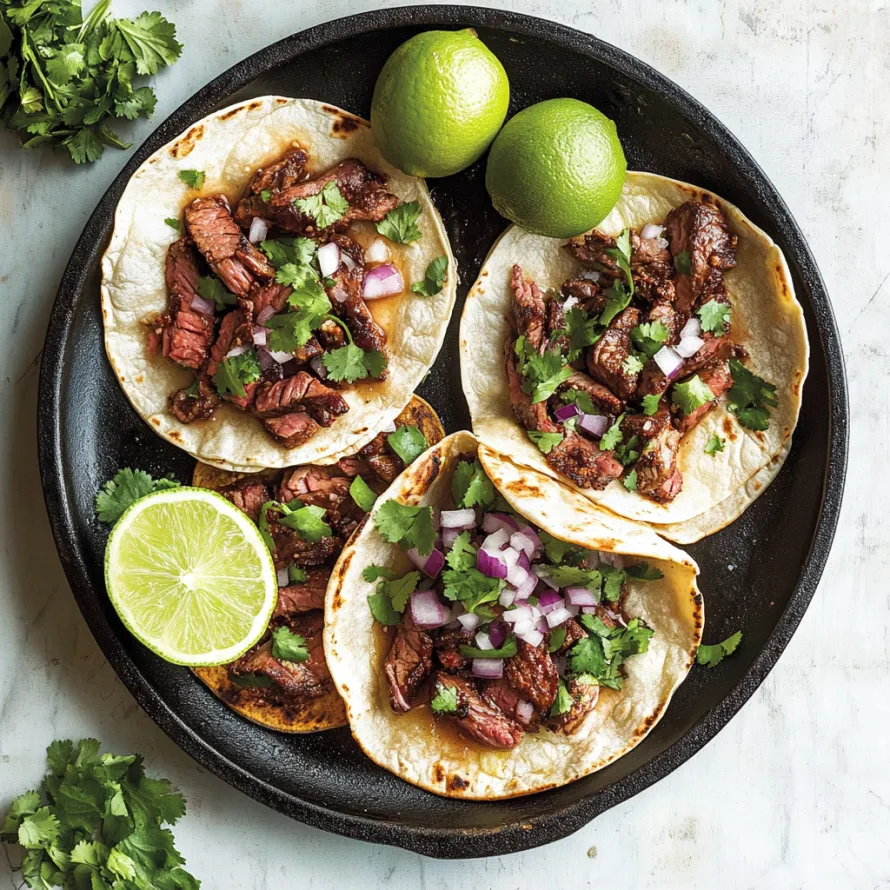 A plate of tacos with meat and limes.