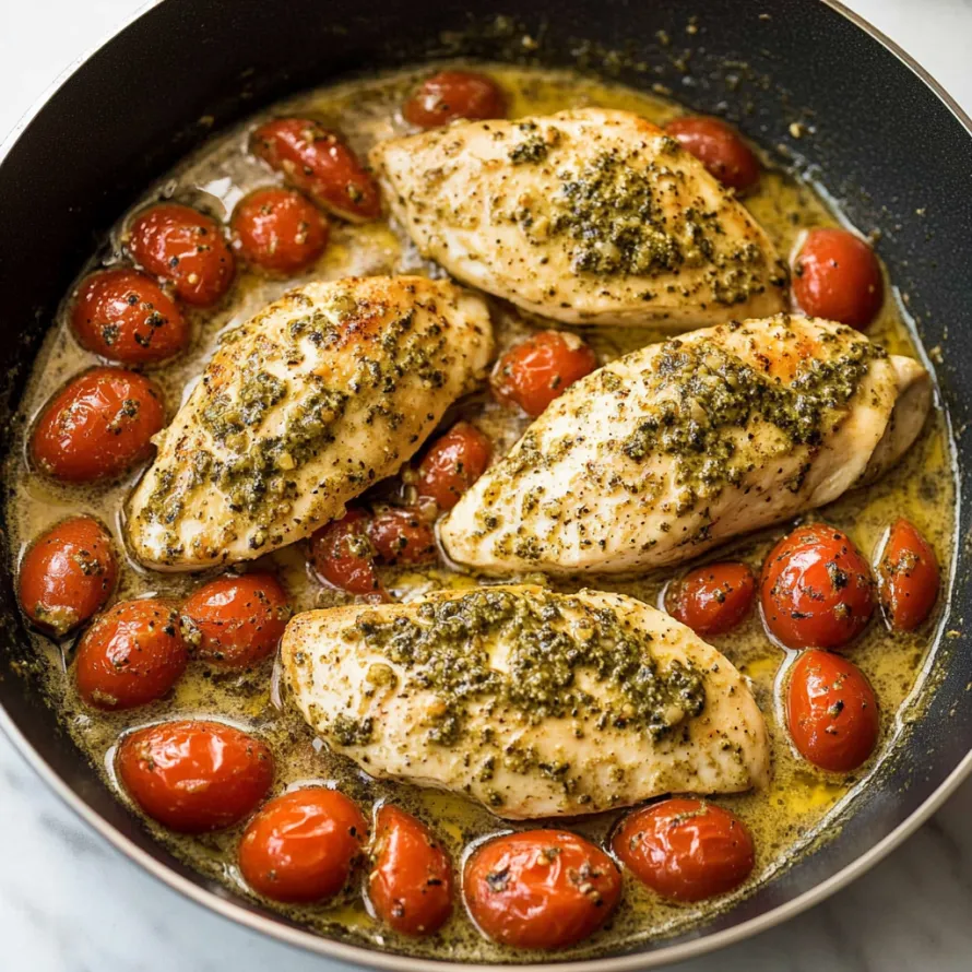 A bowl of chicken with tomatoes and herbs.