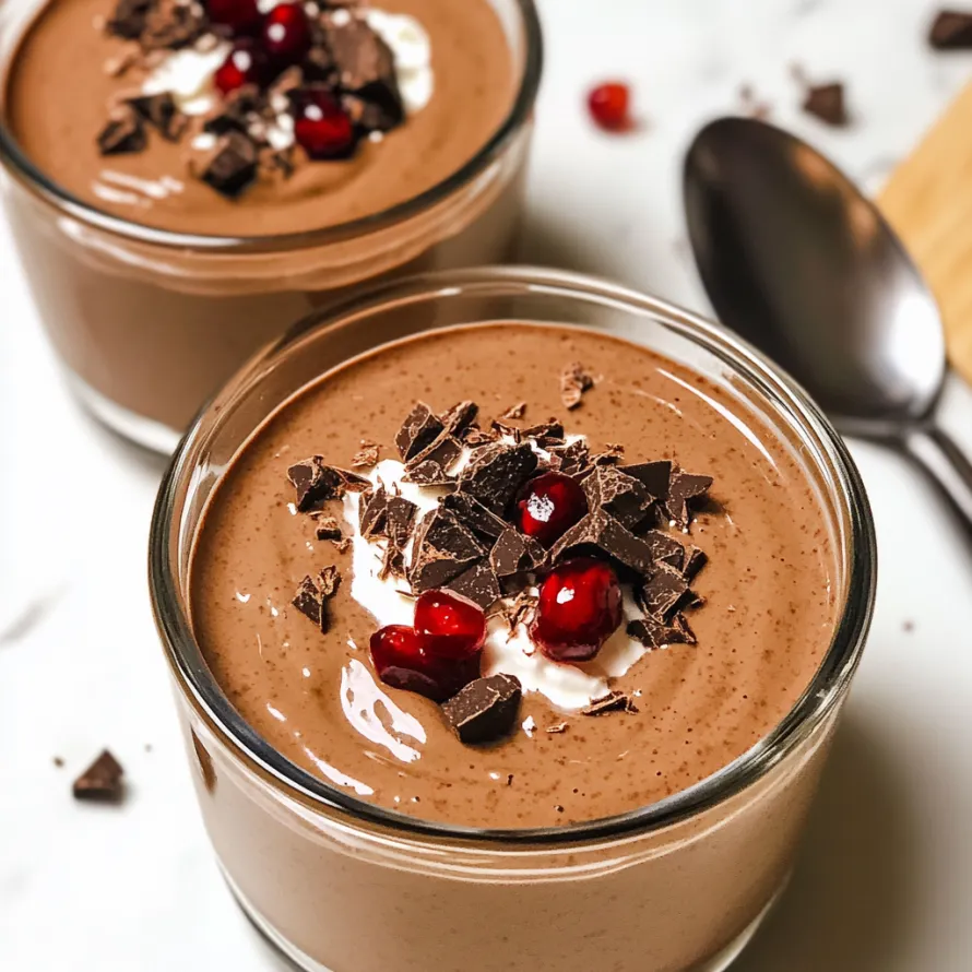 A chocolate dessert with chocolate chips and a cherry on top.