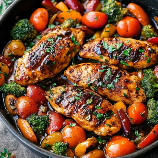 A pan of chicken and vegetables.