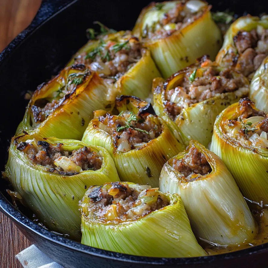 A pan of food with a green vegetable.
