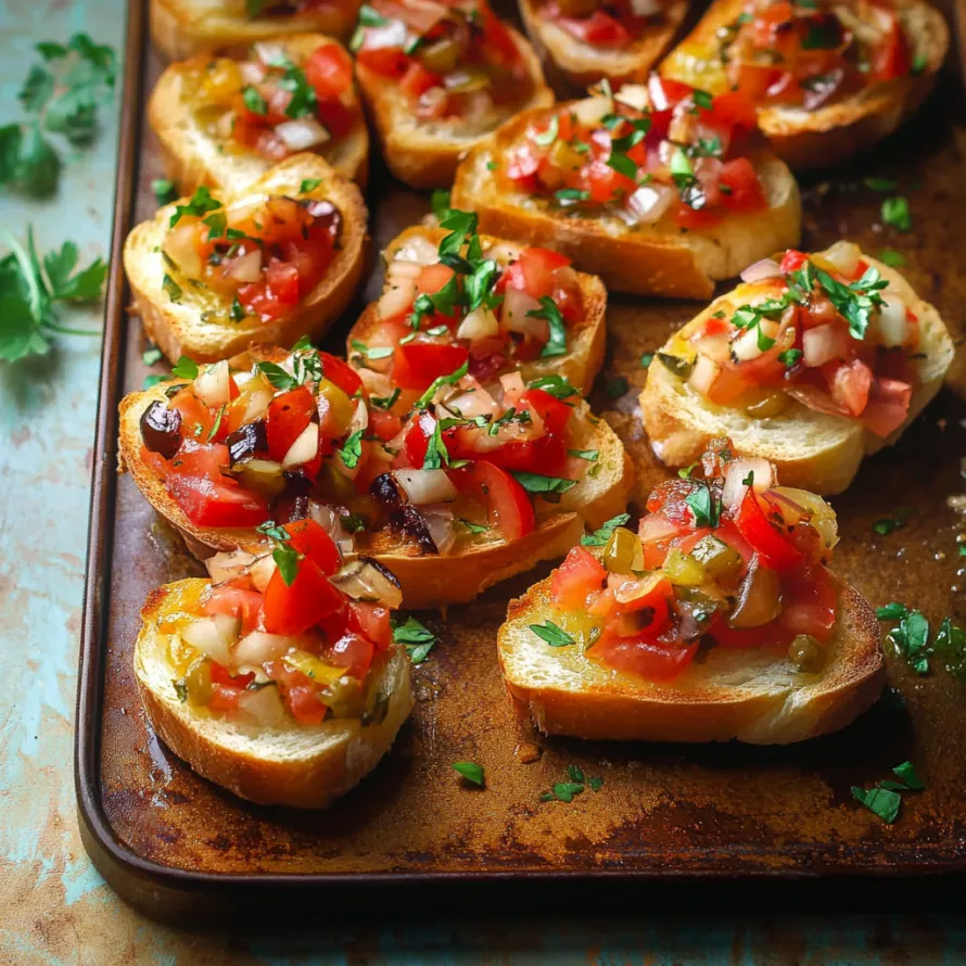 A tray of toasted bread with tomatoes and herbs.
