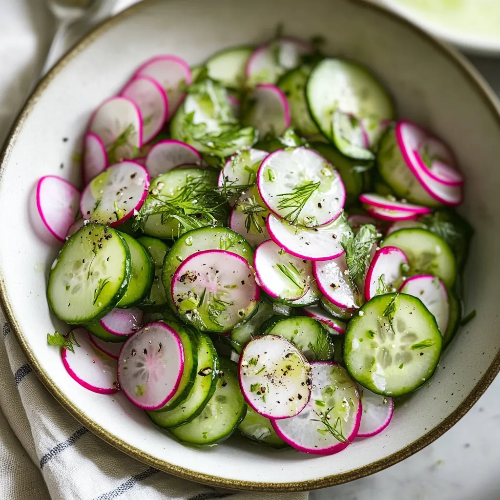 A bowl of sliced cucumbers and radishes.