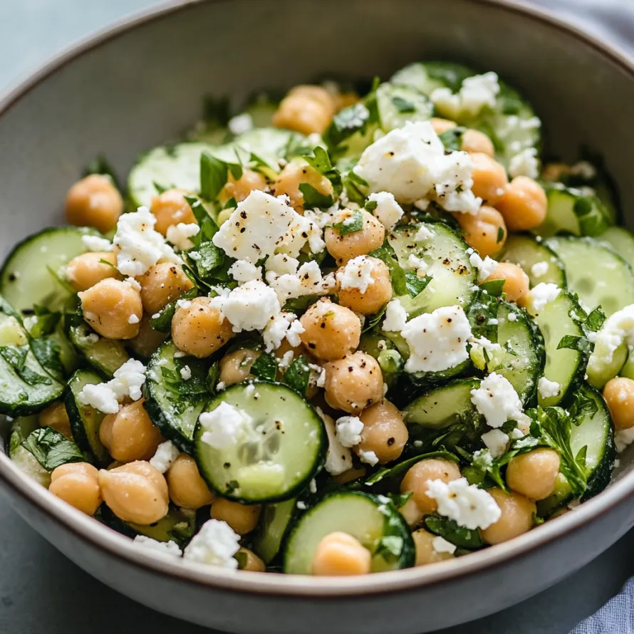 A bowl of vegetables with chickpeas, cucumbers, and feta cheese.