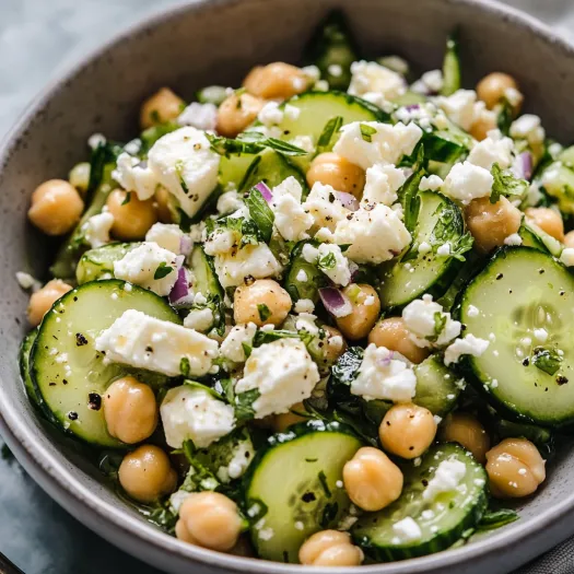 A bowl of vegetables including cucumbers, chickpeas, and feta cheese.