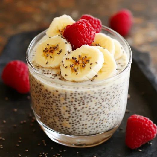 A glass of yogurt with bananas and raspberries.