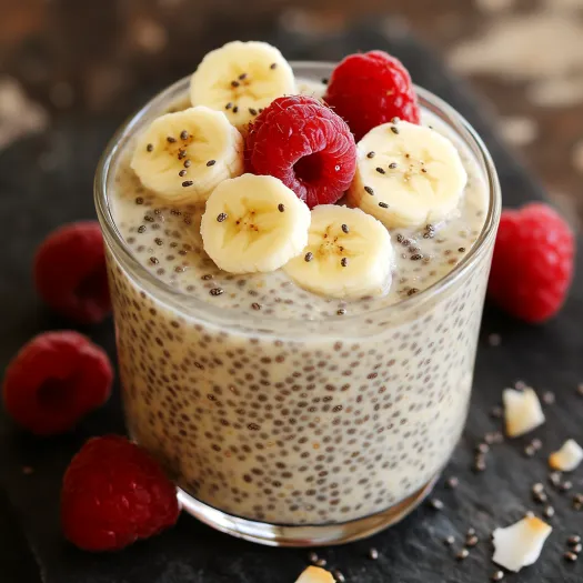 A glass of yogurt with bananas and raspberries.