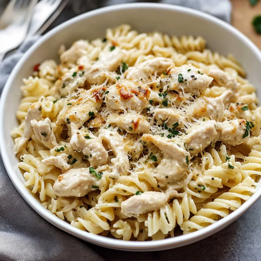 A bowl of pasta with chicken and cheese.