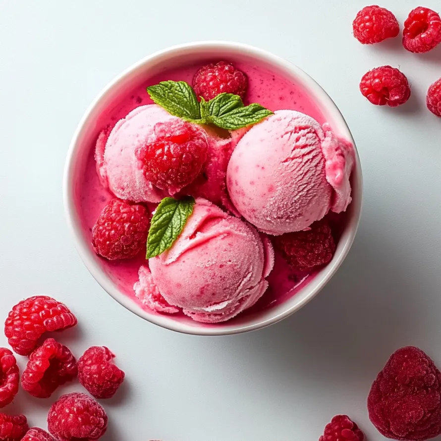 A bowl of pink raspberry ice cream.