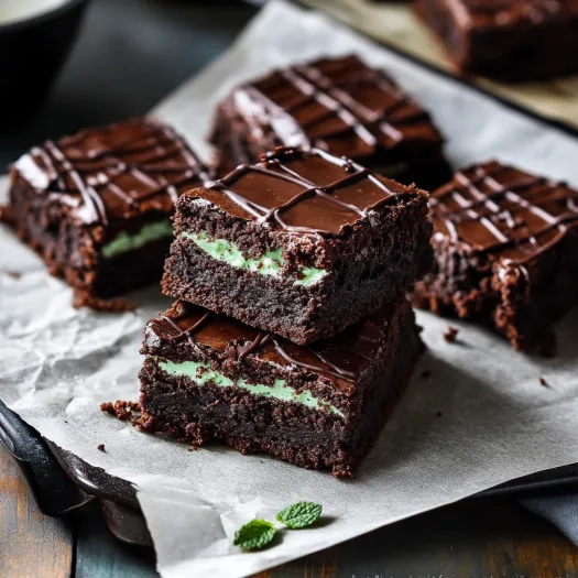 A close up of a chocolate brownie with mint leaves on top.