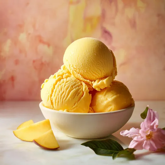 A bowl of ice cream with a flower on top.