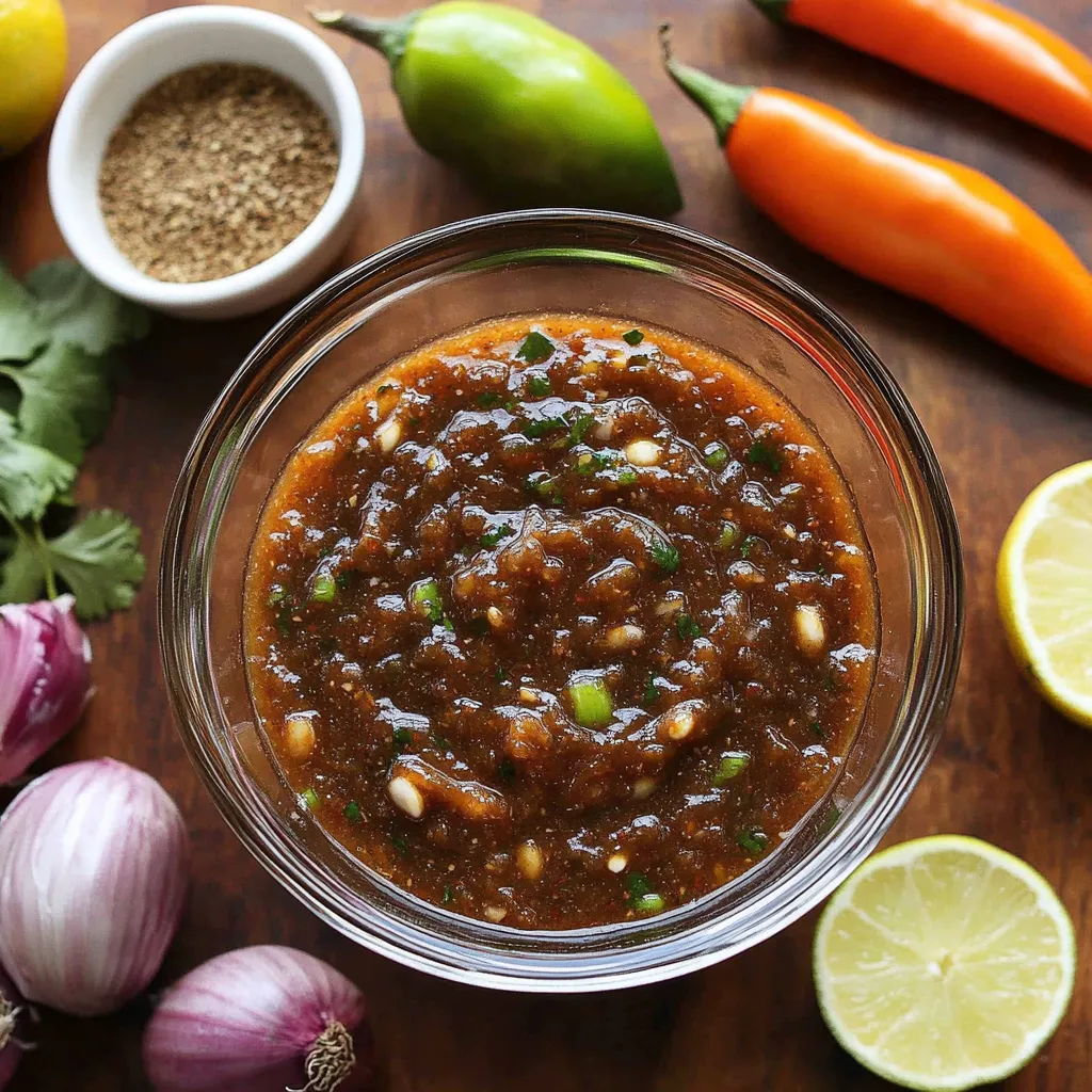 A bowl of sauce with a spoon in it.