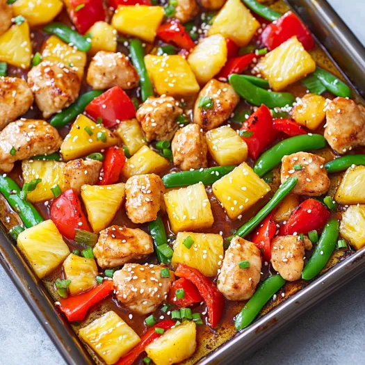A pan of food with chicken, peppers, and pineapple.