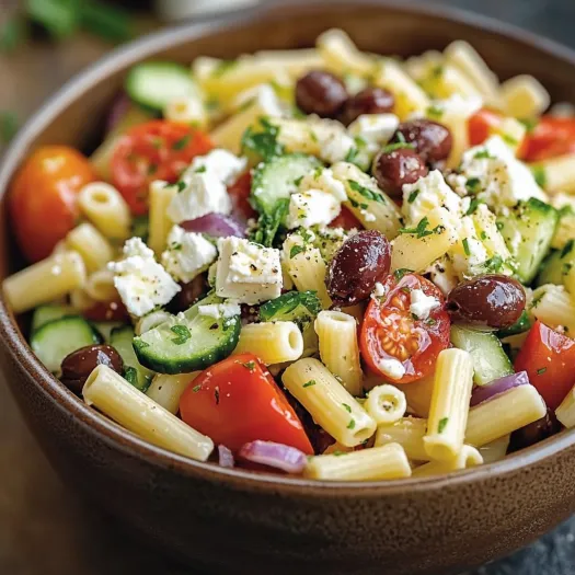 A bowl of pasta salad with tomatoes, cucumbers, olives, and feta cheese.
