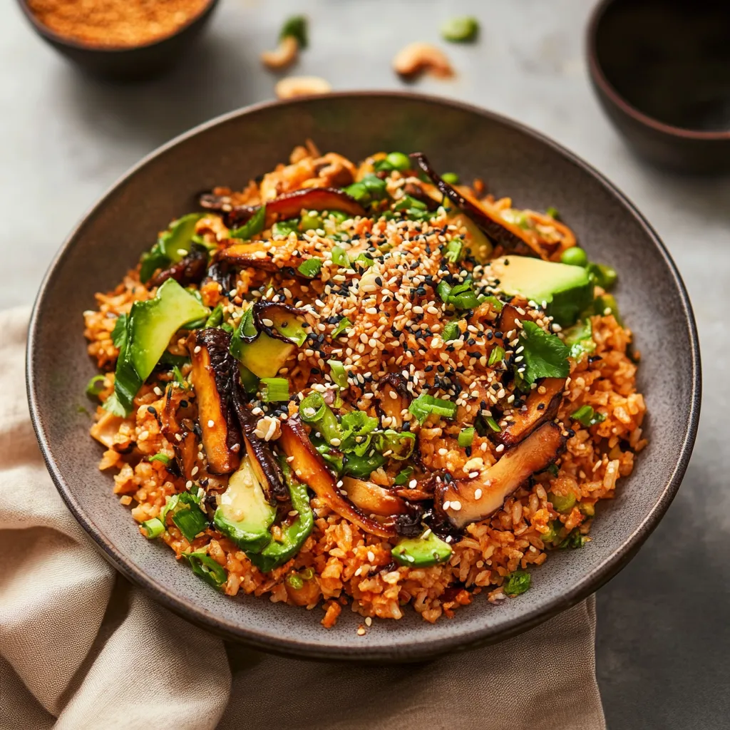 A bowl of rice with vegetables and nuts.